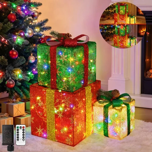 Leyaron Christmas Lighted Gift Boxes, Set of 3 Christmas Present Boxes with 90 LED Lights Pine Cones Bows for Outdoor Indoor Yard Lawn Home Xmas Decor, Warm White & Multicolor