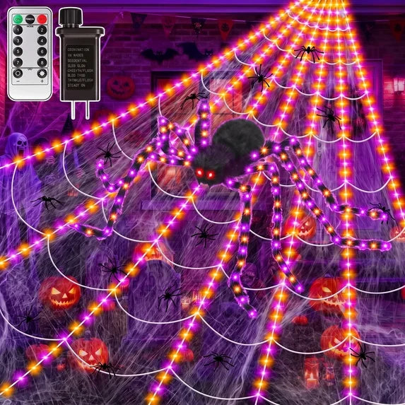 Leyaron Halloween Decorations Outdoor, 350 LED Halloween Spider Web String Lights with 79" Lighted Spider for Outdoor Garden Party Yard Porch Home Decor