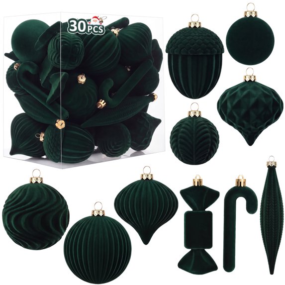 Leyaron Velvet Christmas Balls, 30 Pcs Flocked Christmas Tree Decoration Ornaments Set for Xmas Tree Wreath Garland Holiday Party Home Decor, Green