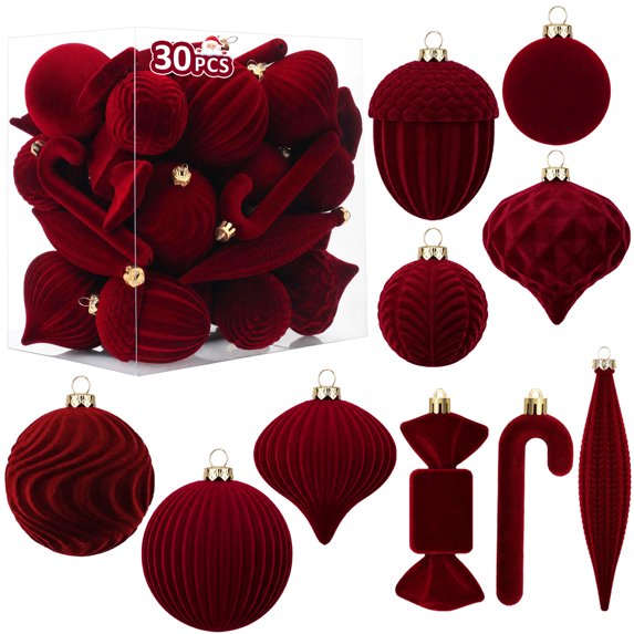 Leyaron Velvet Christmas Balls, 30 Pcs Flocked Christmas Tree Decoration Ornaments Set for Xmas Tree Wreath Garland Holiday Party Home Decor, Burgundy