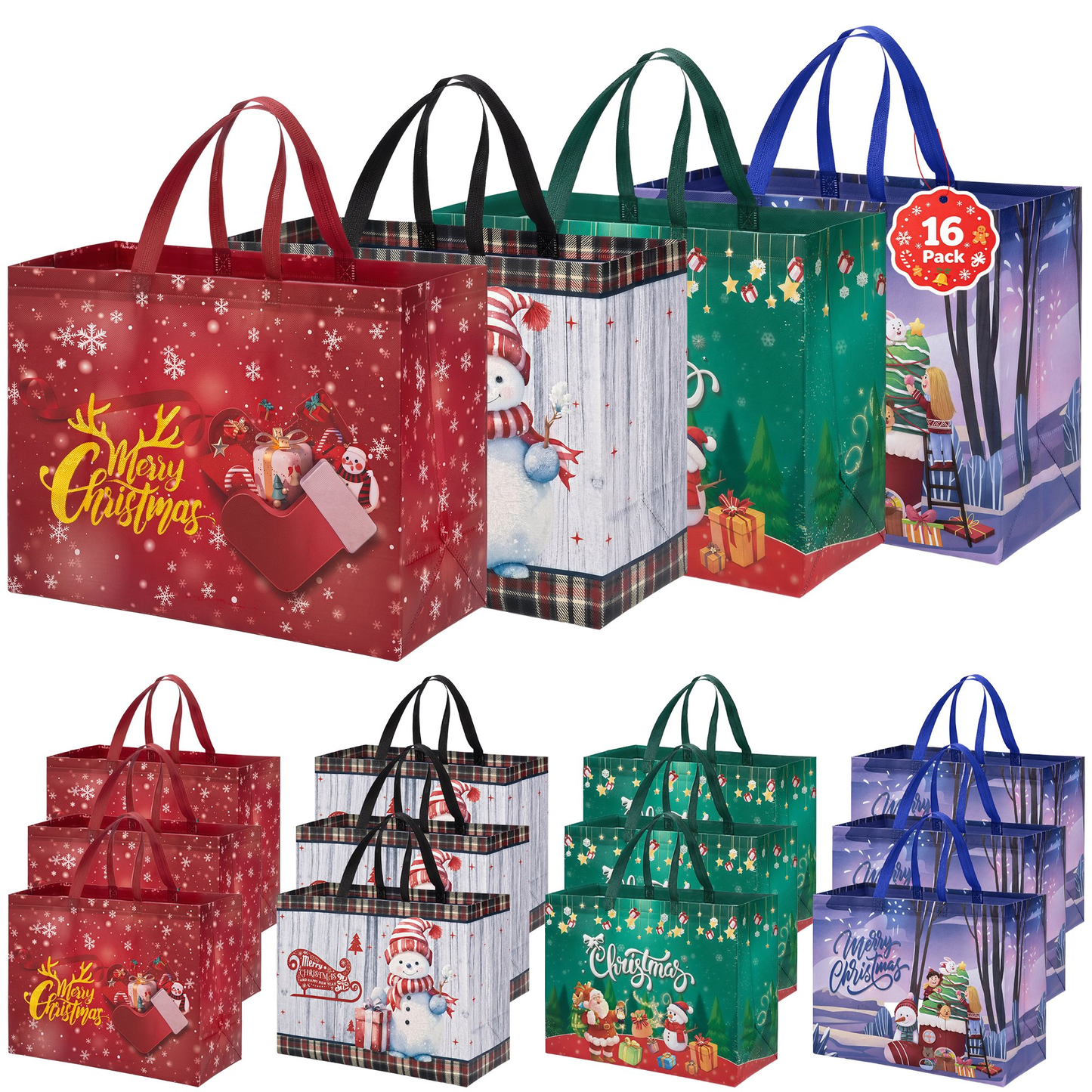 Leyaron Christmas Tote Bags Extra Large, 16 Pack Reusable Christmas Wrapping Bags with Handles for Gift Xmas Present Shopping Holiday Party Favor Supplies