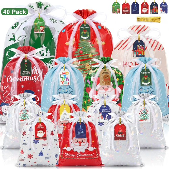 Leyaron Christmas Gift Bags, 40 Pcs Assorted Sizes Christmas Drawstring Candy Bag for Xmas Decorations Present Wrapping Holiday Party Favor Supplies