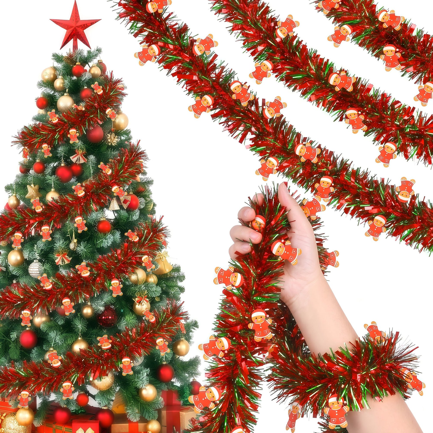 Leyaron Christmas Garland Decor, 2 Pcs 100 FT Glitter Tinsel Garland for Indoor Outdoor Christmas Tree Fireplace Yard Garden Porch Home Xmas Decoration, Red Green